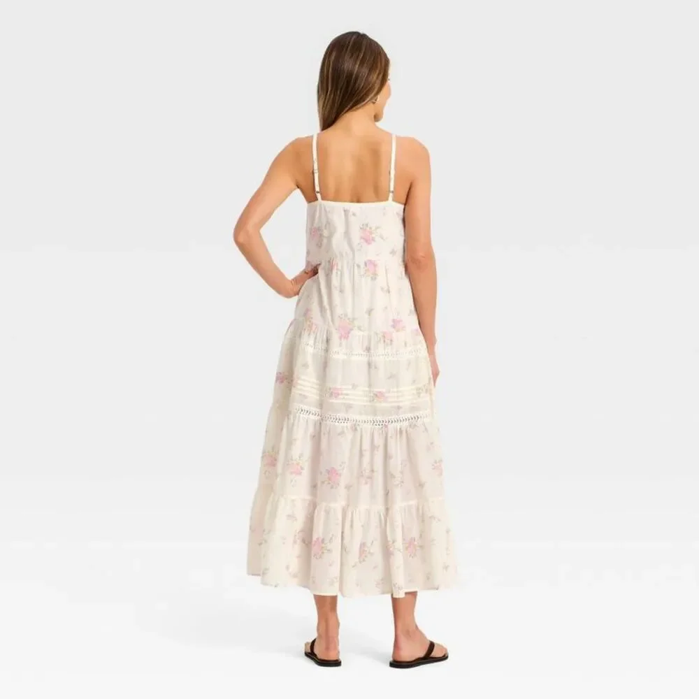 Universal Thread Cream Floral Tiered Maxi Dress with Pink Accents - Picture 2 of 3